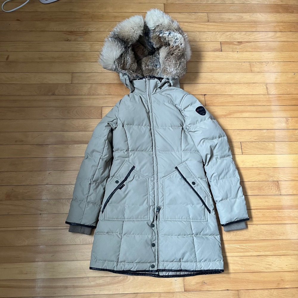 Pajar Canada Womens Down Parka Fur Hood Quilted Winter Coat Beige Taupe